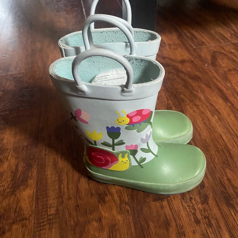 Kids Green Rain Boots with Floral Design